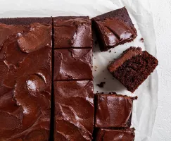 Vegan chocolate slab cake with chocolate icing cut into squares